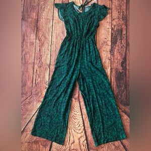 Apricot Brushstroke Palazzo‎ Jumpsuit Navy/Green Green Leaf Print Women’s Size 8